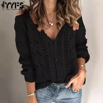 YYFS Женская мода Повседневный Осень Зима Однотонный Принт Длинный Рукав V-образный Вырез Свитера S чёрный