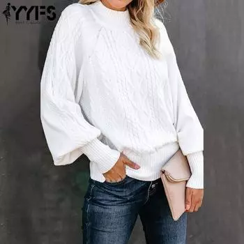 YYFS Женская мода Повседневный Осень Зима Однотонный Принт Длинный Рукав Высокий Воротник Свитера S белый