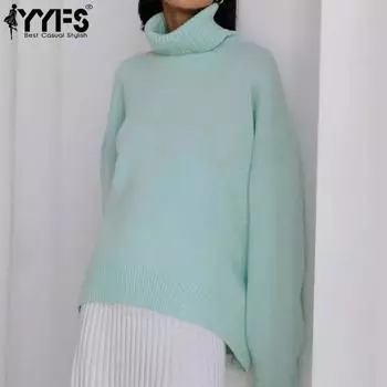 YYFS Женская мода Повседневный Осень Зима Однотонный Принт Длинный Рукав Высокий Воротник Свитера S зелёный