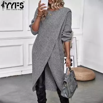 YYFS Женская мода Повседневный Осень Зима Однотонный Принт Длинный Рукав О-Образным Вырезом Свитера XS серый