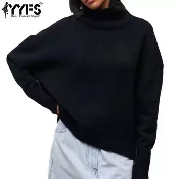 YYFS Женская мода Повседневный Осень Зима Однотонный Принт Длинный Рукав Высокий Воротник Свитера S чёрный