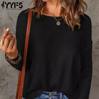 YYFS Женская мода Повседневный Осень Зима Однотонный Принт Длинный Рукав О-Образным Вырезом Свитера S чёрный