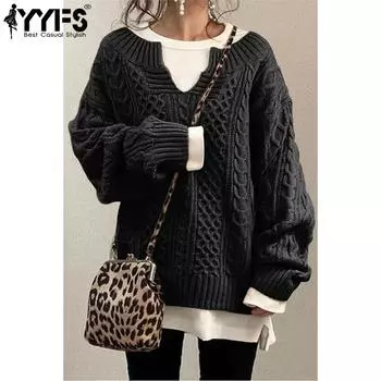 YYFS Женская мода Повседневный Осень Зима Однотонный Принт Длинный Рукав V-образный Вырез Свитера S чёрный