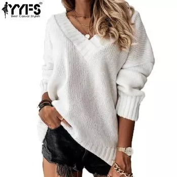 YYFS Женская мода Повседневный Осень Зима Однотонный Принт Длинный Рукав V-образный Вырез Свитера S белый