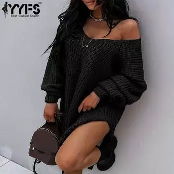 YYFS Женская мода Повседневный Осень Зима Однотонный Принт Длинный Рукав V-образный Вырез Свитера S чёрный