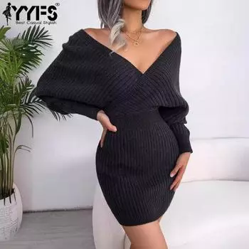 YYFS Женская мода Повседневный Осень Зима Однотонный Принт Длинный Рукав V-образный Вырез Свитера S чёрный