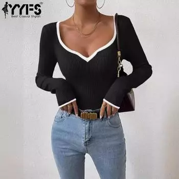 YYFS Женская мода Повседневный Осень Зима Однотонный Принт Длинный Рукав V-образный Вырез Свитера S чёрный
