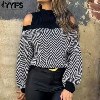 YYFS Женская мода Повседневный Осень Зима Полосатый Принт Длинный Рукав Полуводолазка Свитера S чёрный