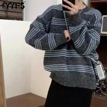 YYFS Женская мода Повседневный Осень Зима Полосатый Принт Длинный Рукав О-Образным Вырезом Свитера Size: One Size