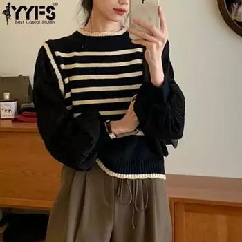 YYFS Женская мода Повседневный Осень Зима Полосатый Принт Длинный Рукав О-Образным Вырезом Свитера Size: One Size