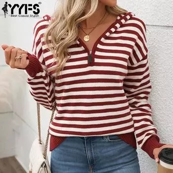YYFS Женская мода Повседневный Осень Зима Полосатый Принт Длинный Рукав С Капюшоном Свитеры S бордовый
