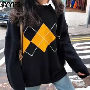 YYFS Женская мода Повседневный Осень Зима Ромбовидный Принт Длинный Рукав О-Образным Вырезом Свитера One size чёрный