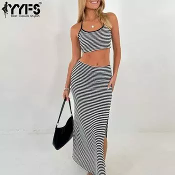 YYFS Женская мода Повседневный полосатый принт Лето Весна Без рукавов U-образный вырез Юбка Костюмы S чёрный