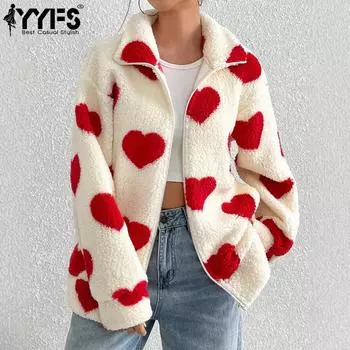 YYFS Женская мода Повседневный Принт Love Letter Осень Зима Длинные рукава Поло Воротник Куртки и пальто S