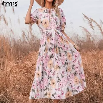 YYFS женская мода с цветочным принтом летние повседневные платья с короткими рукавами и высокой талией