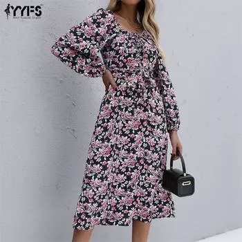 YYFS женская мода с цветочным принтом летние повседневные платья с длинным рукавом и квадратным воротником с высокой талией S чёрный