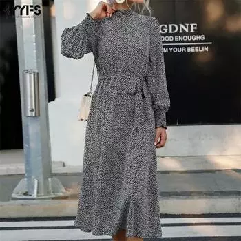 YYFS Женская мода с леопардовым принтом Лето-весна с длинным рукавом Половина водолазки Повседневные платья S чёрный