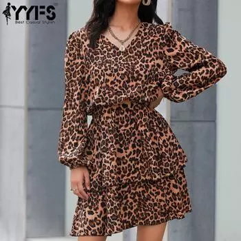 YYFS женская мода с леопардовым принтом, лето-весна, повседневные платья с длинным рукавом и v-образным вырезом и высокой талией S кофейный
