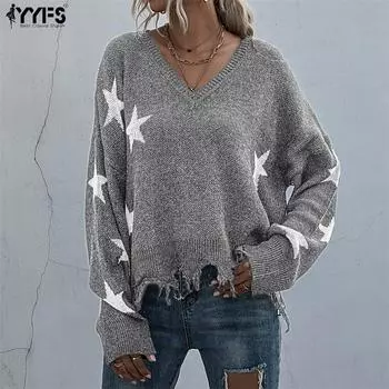 YYFS Женская мода с принтом пентаграммы осень-зима свитера с длинными рукавами и v-образным вырезом S хаки