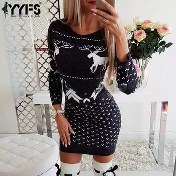 YYFS Женская мода Весенне-осенние повседневные платья с длинным рукавом и круглым вырезом с высокой талией S чёрный