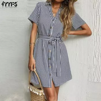 YYFS женская мода в полоску с принтом летние повседневные платья с короткими рукавами и воротником-поло с высокой талией XL синий