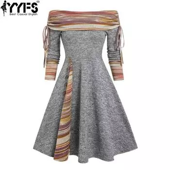 YYFS Женская мода весна осень 1/2 рукава одно плечо высокая талия повседневные платья S