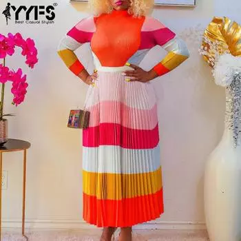 YYFS Женская мода весна осень цвет блок принт длинный рукав О-образный вырез высокая талия повседневные платья S оранжевый