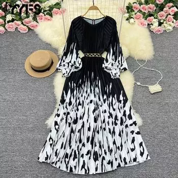 YYFS Женская мода весна-осень цветные блоки принт длинный рукав V-образный вырез высокая талия повседневные платья One size