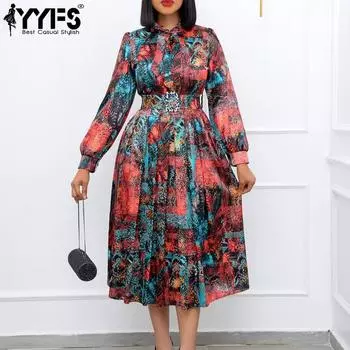 YYFS Женская мода весна осень цветные блоки принт длинный рукав О-образный вырез высокая талия повседневные платья S красный