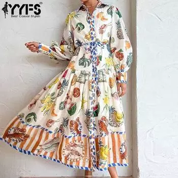 YYFS Женская мода весна-осень цветные блоки принт длинный рукав поло воротник высокая талия повседневные платья S