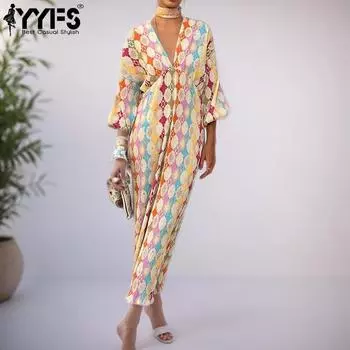 YYFS Женская мода весна-осень цветные блоки принт длинный рукав V-образный вырез высокая талия повседневные платья S