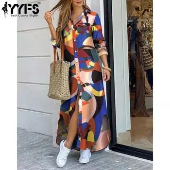 YYFS Женская мода весна осень цветные блоки принт длинный рукав воротник поло свободная талия повседневные платья S