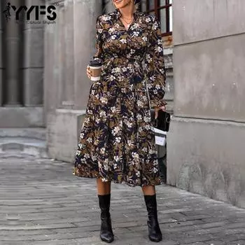 YYFS Женская мода весна осень цветочный узор принт длинный рукав V-образный вырез средняя талия повседневные платья S