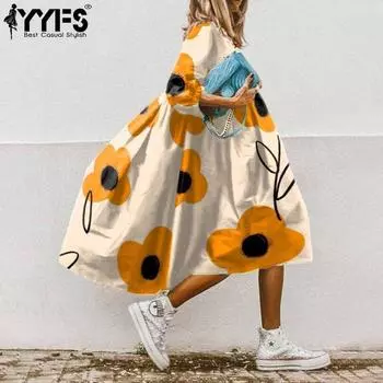 YYFS Женская мода весна осень цветочный узор принт длинный рукав O-образный вырез повседневные платья S