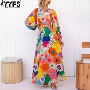 YYFS Женская мода весна осень цветочный узор принт длинный рукав О-образный вырез высокая талия повседневные платья S