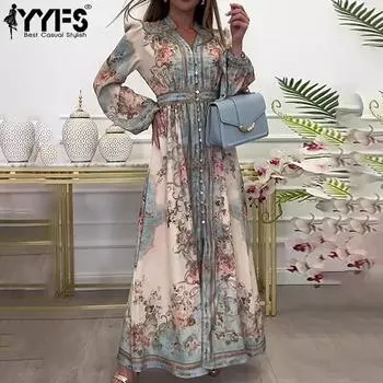 YYFS Женская мода весна осень цветочный узор принт с длинным рукавом V-образным вырезом с высокой талией повседневные платья S