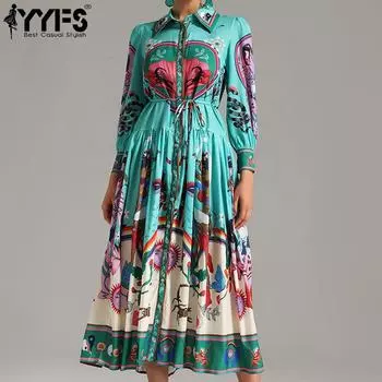 YYFS Женская мода весна осень цветочный узор принт длинный рукав поло воротник высокая талия повседневные платья S
