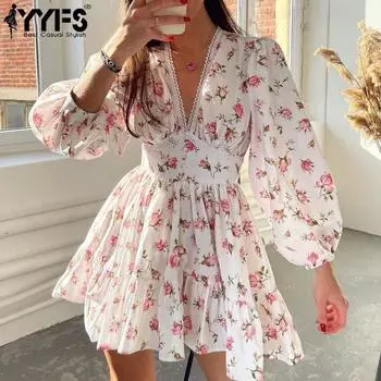 YYFS Женская мода весна осень цветочный узор принт с длинным рукавом V-образным вырезом с высокой талией повседневные платья M белый