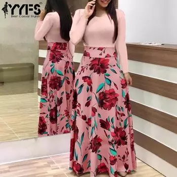 YYFS Женская мода весна осень цветочный узор принт длинный рукав О-образный вырез высокая талия повседневные платья S красный