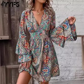 YYFS Женская мода весна осень с длинным рукавом V-образным вырезом и высокой талией повседневные платья S