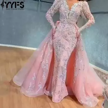 YYFS Женская мода весна-осень Длинные рукава Высокая талия V-образный вырез Коктейльные и вечерние платья S розовый