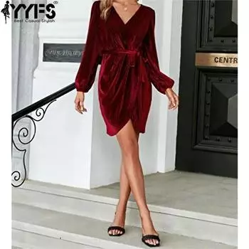 YYFS Женская мода весна-осень Длинные рукава Высокая талия V-образный вырез Коктейльные и вечерние платья S бордовый