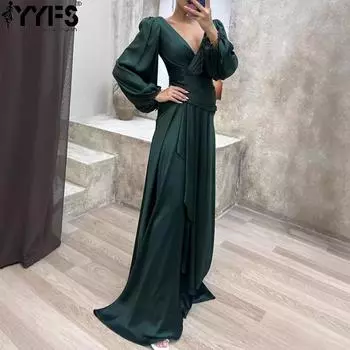 YYFS Женская мода весна-осень Длинные рукава Высокая талия V-образный вырез Коктейльные и вечерние платья S темно-зеленого