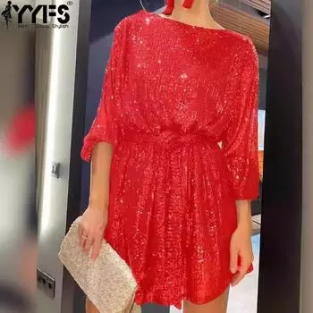 YYFS Женская мода весна-осень Длинные рукава Высокая талия О-образный вырез Коктейльные и вечерние платья S чёрный