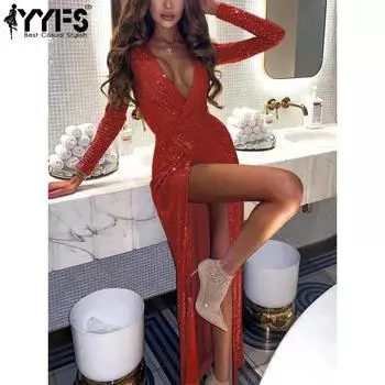 YYFS Женская мода весна-осень Длинные рукава Высокая талия V-образный вырез Коктейльные и вечерние платья S красный