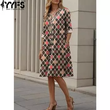YYFS Женская мода весна осень длинный рукав V-образный вырез свободная талия повседневные платья S