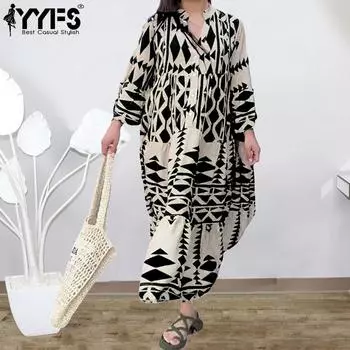 YYFS Женская мода весна осень геометрический принт длинный рукав V-образный вырез средняя талия повседневные платья S чёрный