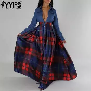 YYFS Женская мода весна осень клетчатый принт длинный рукав поло воротник высокая талия повседневные платья S