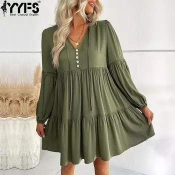 YYFS Женская мода весна осень однотонный принт длинный рукав V-образный вырез свободная талия повседневные платья S армия зеленый