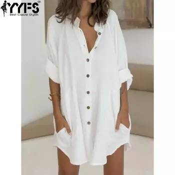 YYFS Женская мода весна осень однотонный принт длинный рукав воротник поло свободная талия повседневные платья S белый
